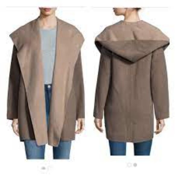 VINCE BROWN TAUPE DOUBLE FACE WOOL COCOON HOODED COAT - Picture 10 of 12